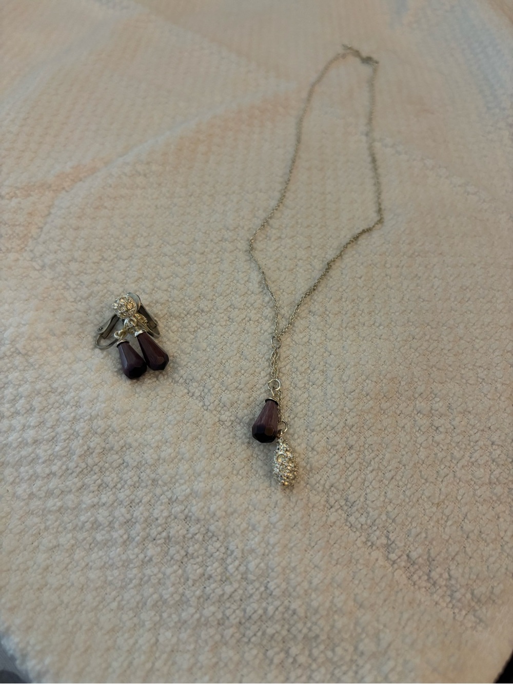Silver Necklace and Earring Set with Deep Purple Crystal Drops clip on earring